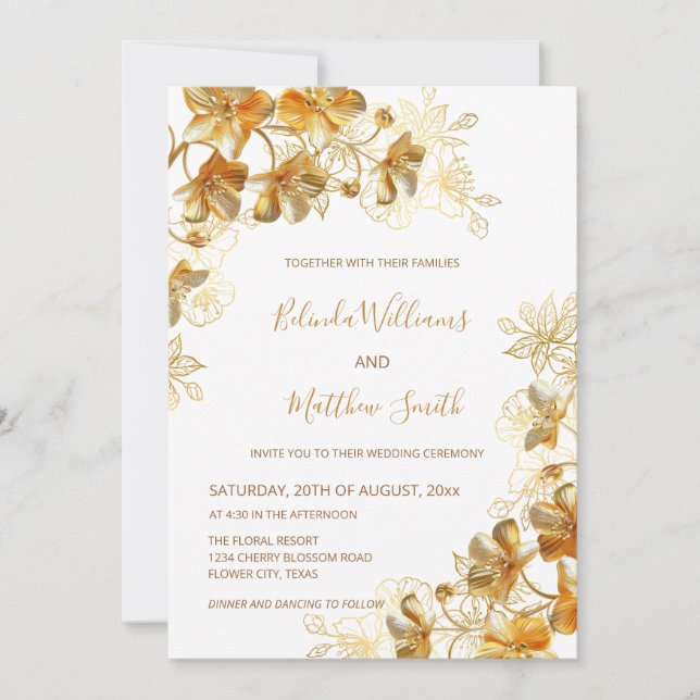 Invitación Blanco de las flores Gold 3 D (Anverso)