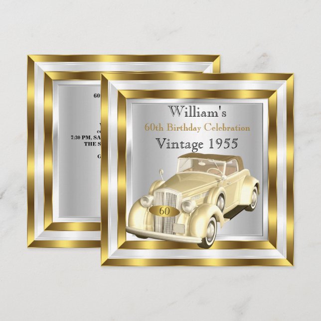 Invitación Blanco de oro de la fiesta de cumpleaños número 60 (Anverso / Reverso)