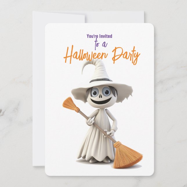 Invitación BLANCO DIVERTIDO CON LA fiesta Halloween BROOM (Anverso)
