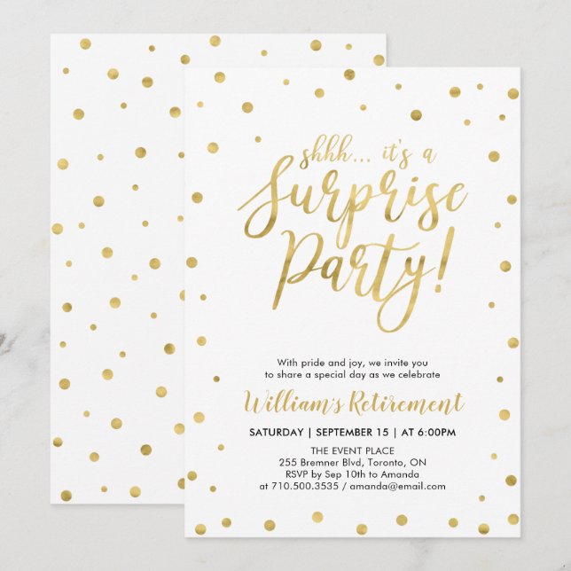 Invitación Blanco & Dorado | Fiesta de Jubilación Sorpresa Mo (Anverso / Reverso)