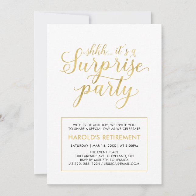 Invitación Blanco & Dorado | Fiesta de Jubilación Sorpresa Mo (Anverso)