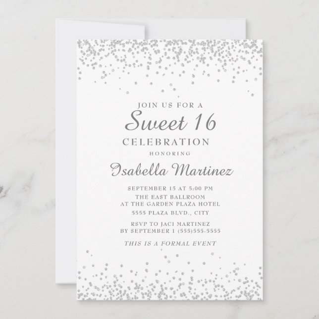 Invitación Blanco Elegante con Brillo Plateado Cumpleaños 16 (Anverso)