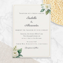 Invitación Blanco Elegante Floral y Verdor Falso Oro