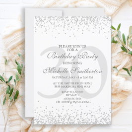 Invitación Blanco Elegante Gris Plateado Brillo Cumpleaños 30