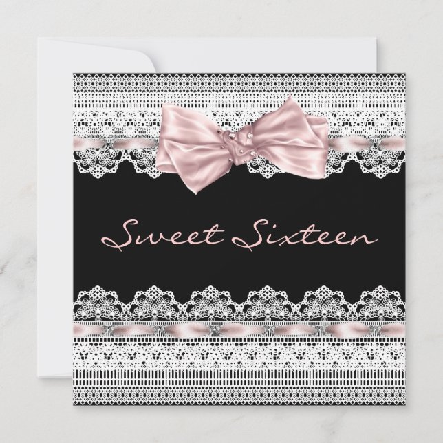 Invitación Blanco Encaje Rosa Negro Dulces Dieciséis Fiesta d (Anverso)