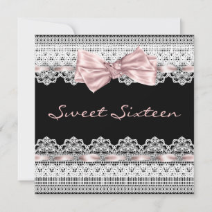 Invitación Blanco Encaje Rosa Negro Dulces Dieciséis Fiesta d