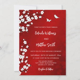 Invitación Blanco Flor de Cerezo Roja   Boda