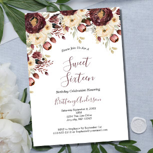 Invitación Blanco Floral Botánico Burgundy Dulces Dieciséis 1
