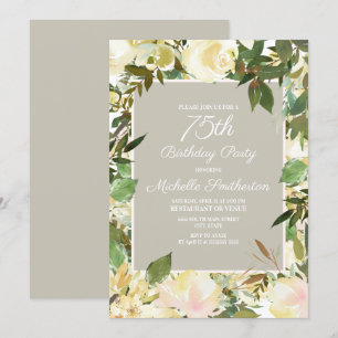Invitación Blanco Floral Botánico Cremoso Cumpleaños 75