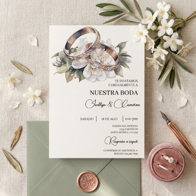 Invitación Blanco Floral con anillo Boda Española (Subido por el creador)