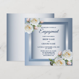 Invitación Blanco Floral Elegante Azul Gris Fiestade Compromi