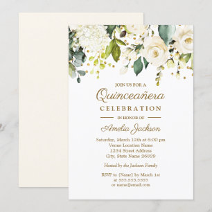 Invitación Blanco Floral Oro Confeti Quinceañera 15