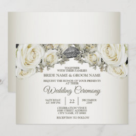 Invitación Blanco Floral Verde Beige Elegante Moderno Boda