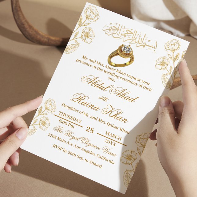 Invitación Blanco Floral y Dorado Compromiso Musulmán Islámic (Subido por el creador)