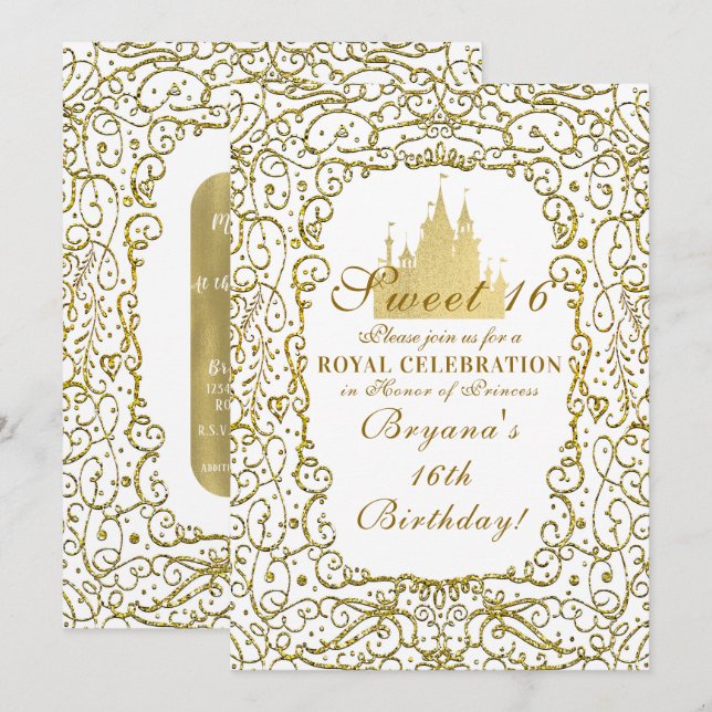 Invitación Blanco Glam & Oro Castillo Real Princesa Dulces 16 (Anverso / Reverso)