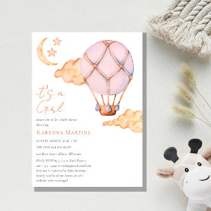 Invitación Blanco globo de aire caliente rosado es un Baby Sh