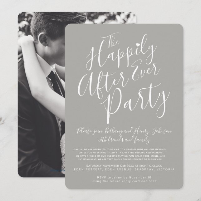 Invitación Blanco gris felizmente después de la fiesta de bod (Anverso / Reverso)