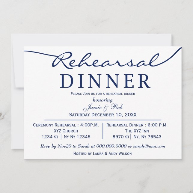 Invitación blanco marino Elegante guión ensayo cena (Anverso)