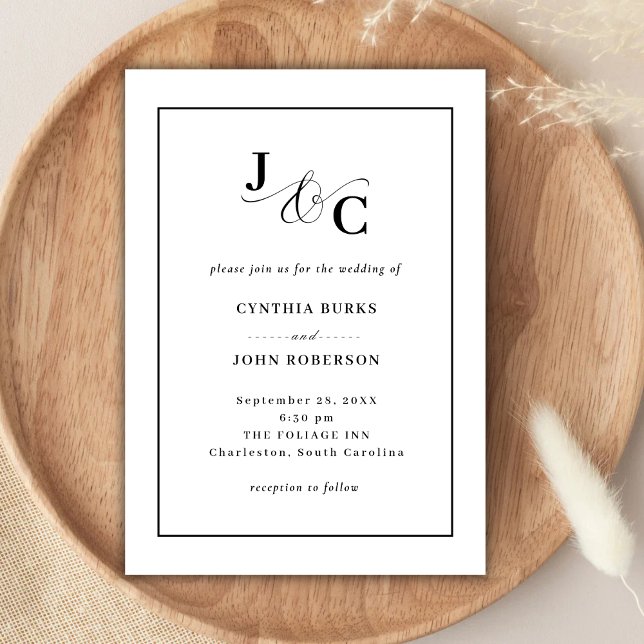 Invitación Blanco Minimal y Chic | Boda con Borde Negro (White minimal chic wedding invitation with black border for a timeless elegant feel.)
