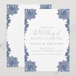 Invitación Blanco Mínimo y Azul Floral Encaje Elegante Boda