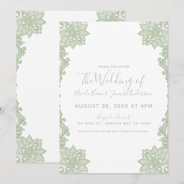Invitación Blanco Mínimo y Floral de Salvia en Encaje Elegant (Anverso / Reverso)