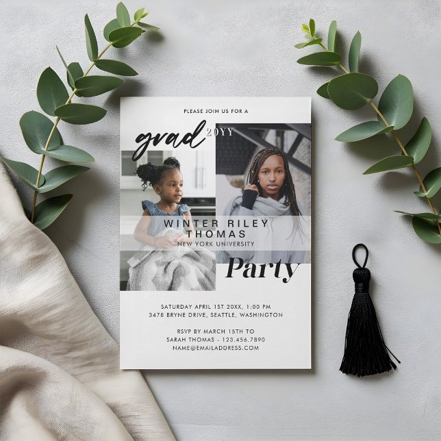 Invitación Blanco moderno ahora y luego dos fiestas de gradua (Modern White Now & Then Two Photo Graduation Party Invitation)