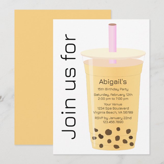 Invitación Blanco moderno de moda y mango Boba Tea Cumpleaños (Anverso / Reverso)