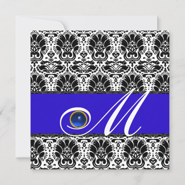 Invitación BLANCO NEGRO AZUL DAMASK MONOGRAM Sapphire (Anverso)