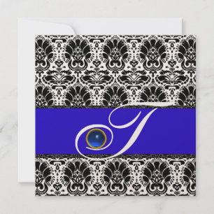 Invitación BLANCO NEGRO AZUL DAMASK MONOGRAM Sapphire Metálic