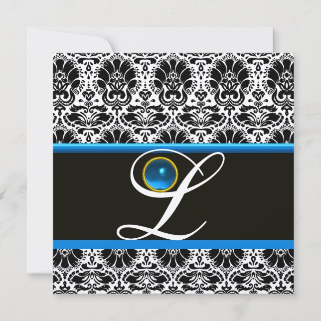 Invitación BLANCO NEGRO AZUL DAMASK MONOGRAM Sapphire Metálic (Anverso)