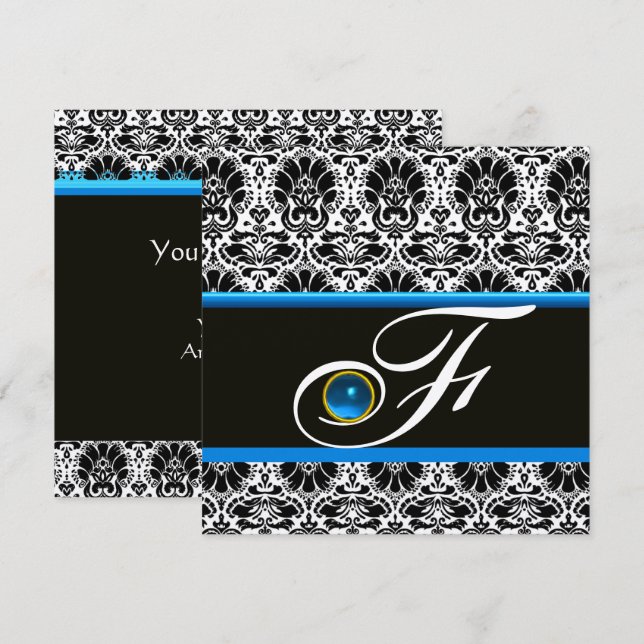 Invitación BLANCO NEGRO AZUL DAMASK MONOGRAM Sapphire Plata (Anverso / Reverso)