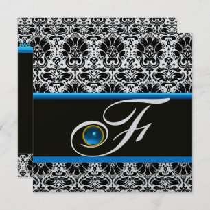 Invitación BLANCO NEGRO AZUL DAMASK MONOGRAM Sapphire Plata