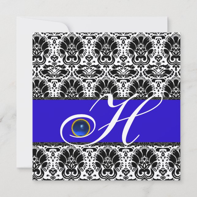 Invitación BLANCO NEGRO AZUL DAMASK MONOGRAM Sapphire Plata (Anverso)