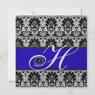 Invitación BLANCO NEGRO AZUL DAMASK MONOGRAM Sapphire Plata