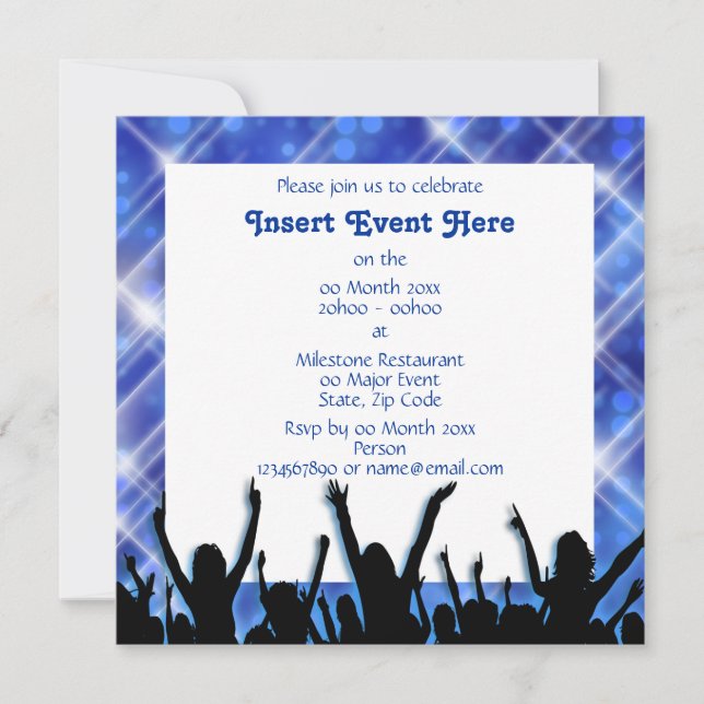 Invitación blanco negro azul Fiesta (Anverso)