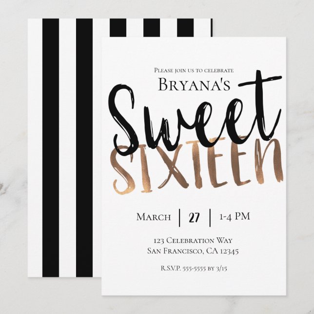 Invitación Blanco Negro Bronce Moderno Dulce 16 DIECISÉIS Fie (Anverso / Reverso)