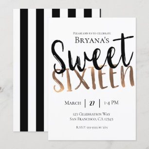 Invitación Blanco Negro Bronce Moderno Dulce 16 DIECISÉIS Fie