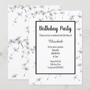 INVITACIÓN BLANCO NEGRO CAYENDO DANDELION FLOWER CUMPLEAÑOS