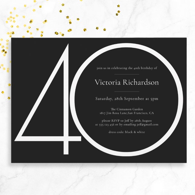 Invitación Blanco Negro Clásico Moderno Minimalista 40 cumple (Mockup View)