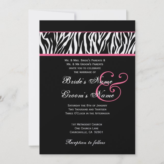 Invitación Blanco negro con papel metálico Boda de cebra rosa (Anverso)