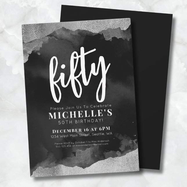 Invitación Blanco Negro Cumpleaños 50 (Elegant White Black 50th Birthday Invitation)