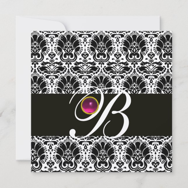 Invitación BLANCO NEGRO DAMASK MONOGRAM Ametista de la fucsia (Anverso)