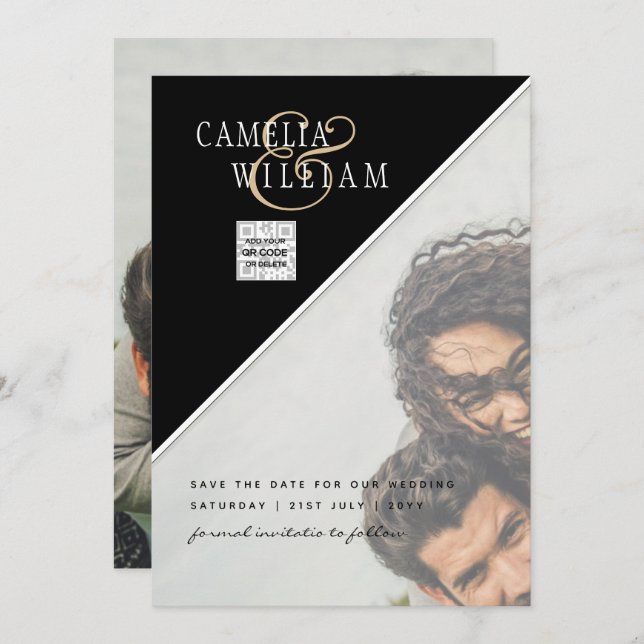 Invitación Blanco negro de la foto Boda Invitar código QR Gua (Anverso / Reverso)