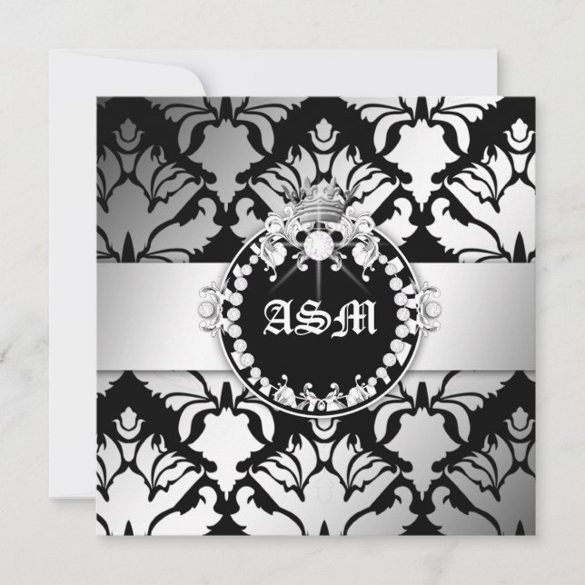 Invitación blanco negro del dulce dieciséis de la reina del (Anverso)