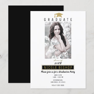 Invitación Blanco Negro Dorado Foto Graduado Fiesta de Gradua