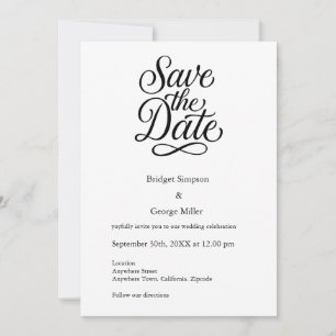 Invitación blanco negro Elegant Script Boda la fecha