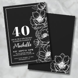Invitación Blanco Negro Elegante Floral 40 Cumpleaños