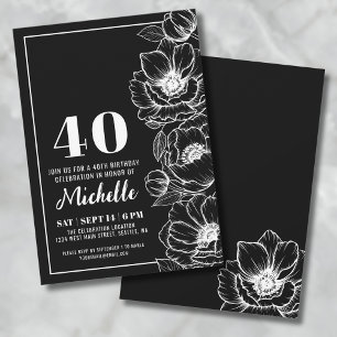 Invitación Blanco Negro Elegante Floral 40 Cumpleaños