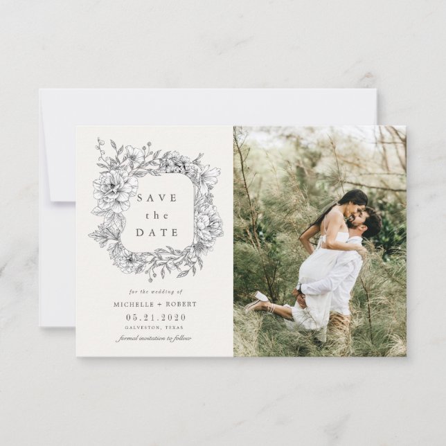 Invitación blanco negro elegante floral dos Foto Guardar la f (Anverso)