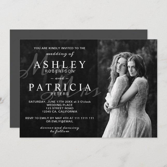 Invitación blanco negro elegante foto moderna chic boda (Anverso / Reverso)